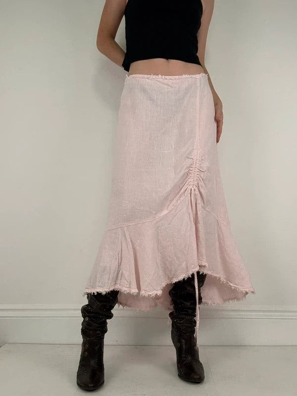 Pink linen flared asymmetric midi skirt