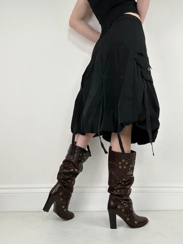 black grunge puff midi skirt