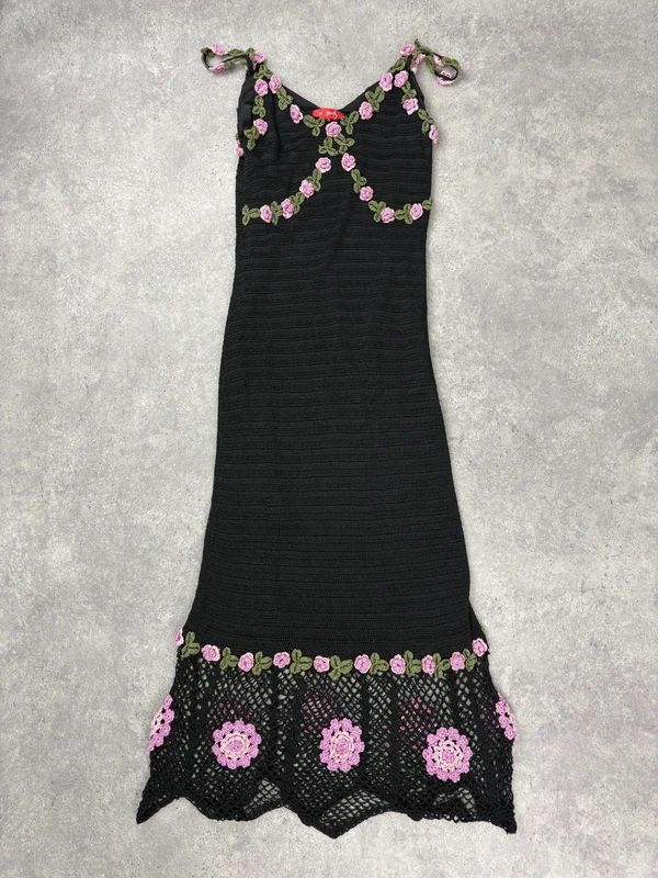 rene derhy crochet floral black summer maxi dress