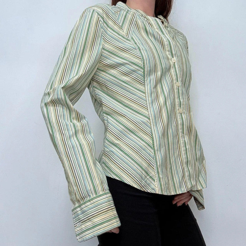green pinstriped high neck button shirt
