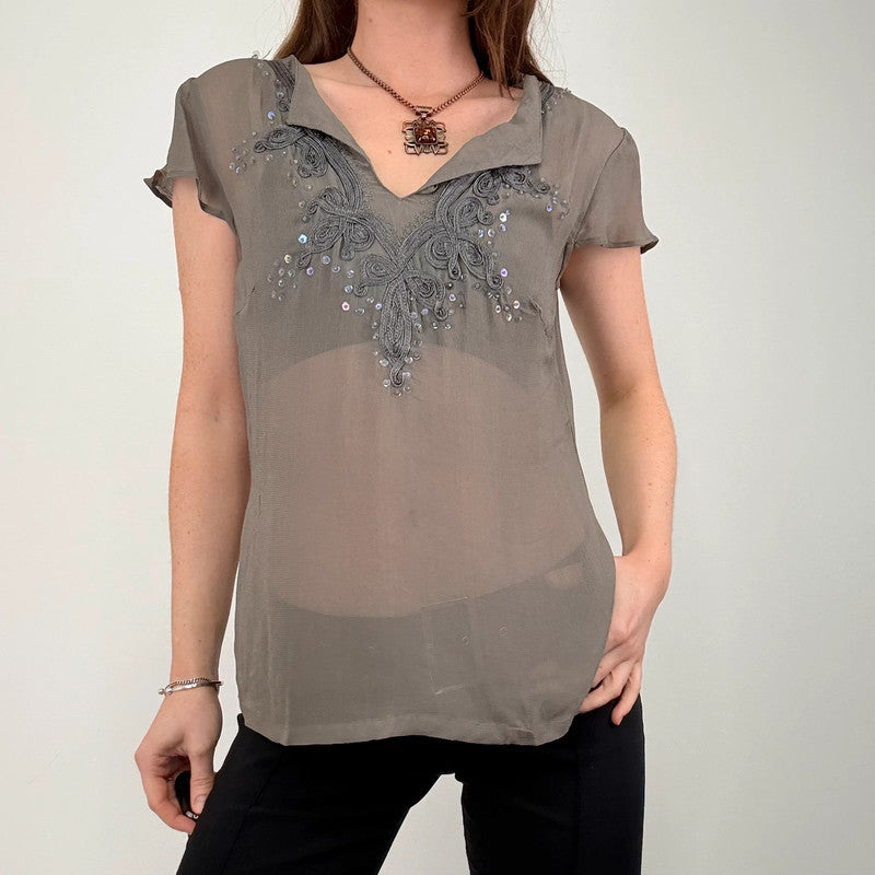 grey sheer beaded flutter shirt