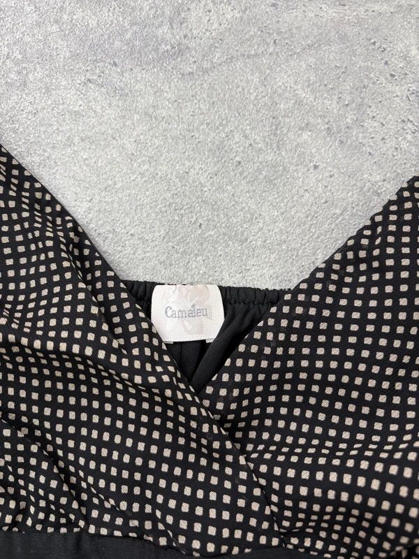 black polkadot flared midi dress