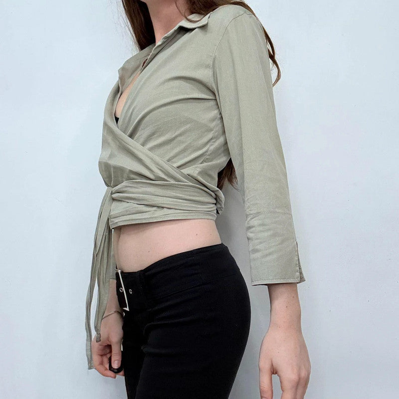 khaki green wrap cropped shirt