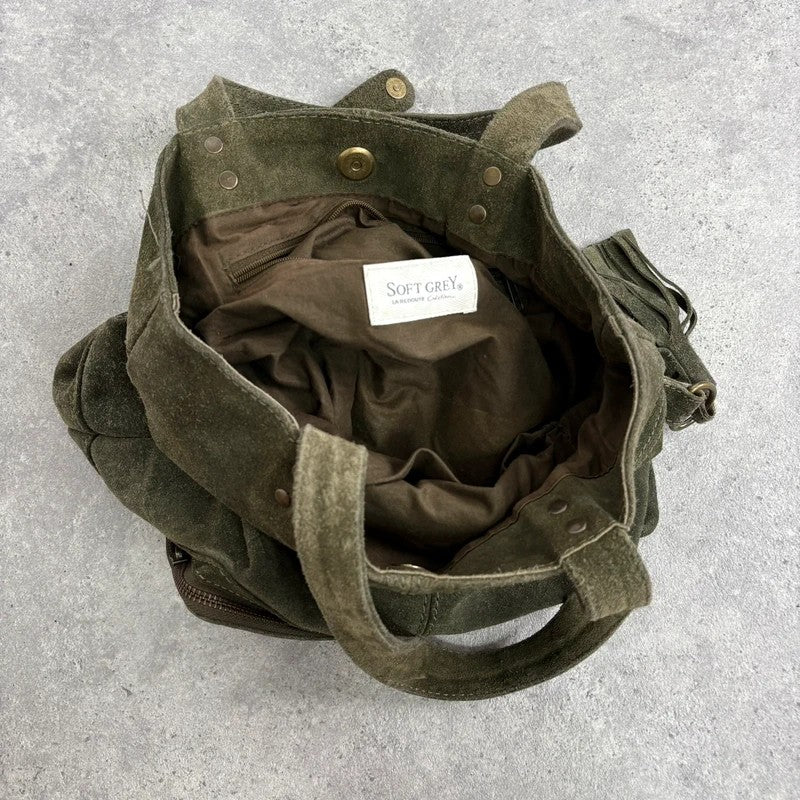 Khaki green suede leather tassel tote bag