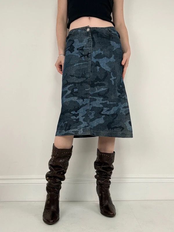 dark denim camo printed midi skirt