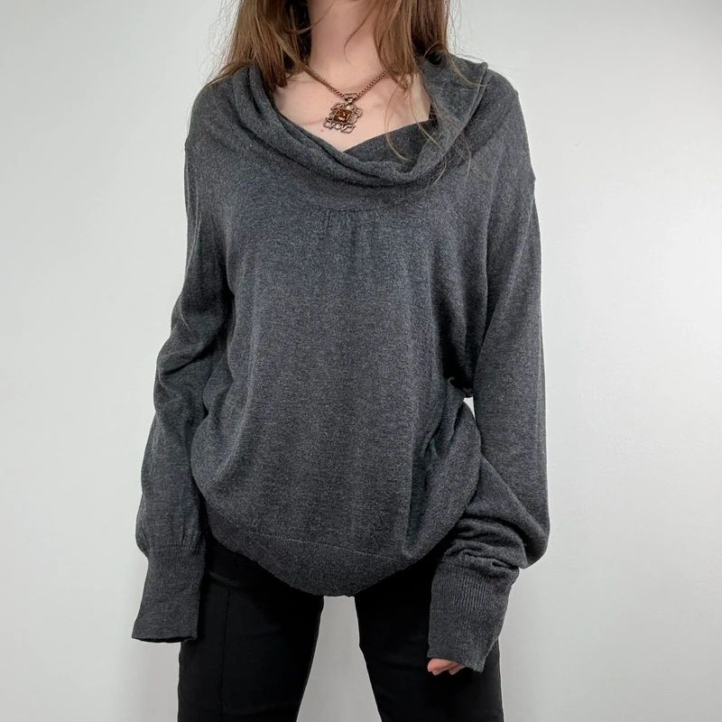 grey slouchy knit off-the-shoulder jumper, wool and silk blend