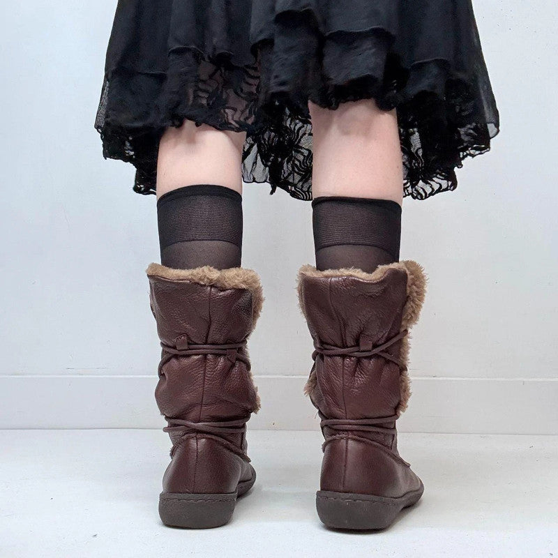 brown leather wrap faux-fur boots