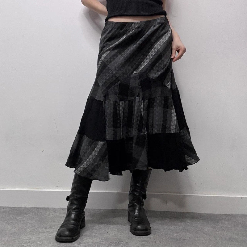 black striped tartan flare maxi skirt