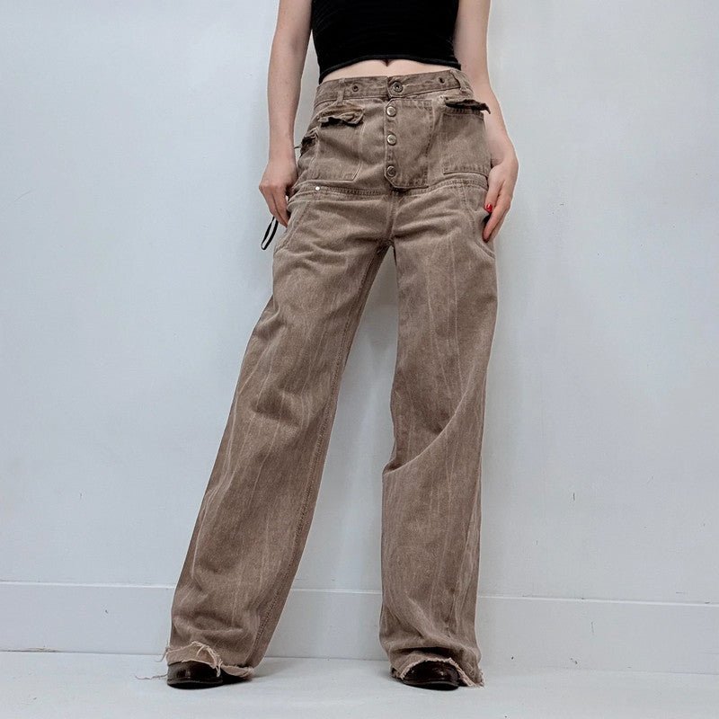 drop waist brown denim utility belted jeans