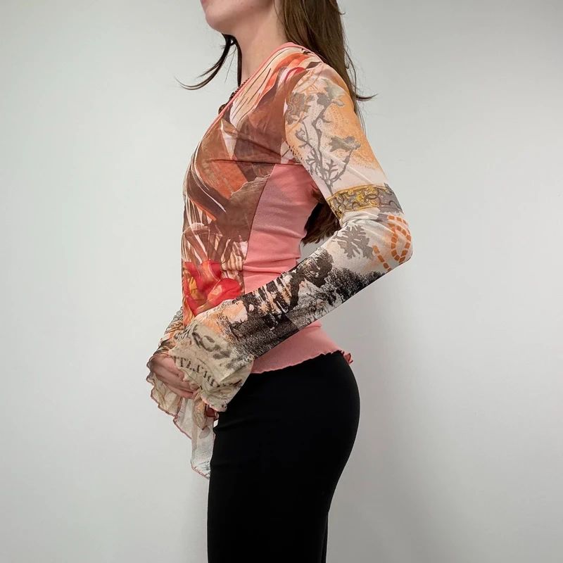 Graphic Mesh Printed Grunge Top