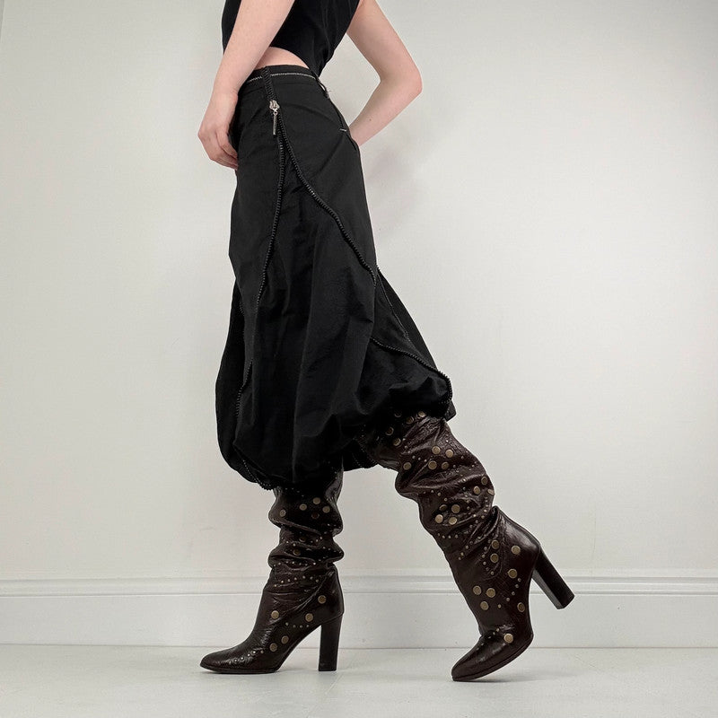 Black structured puff zip midi skirt