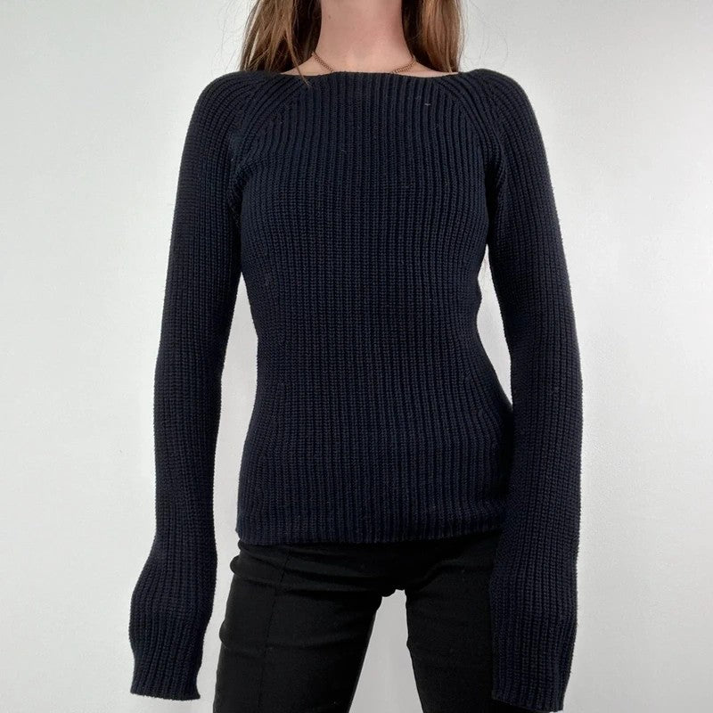 chunky navy knitted slash neck fisherman rib jumper