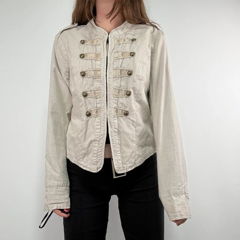 cotton khaki distressed button military jacket