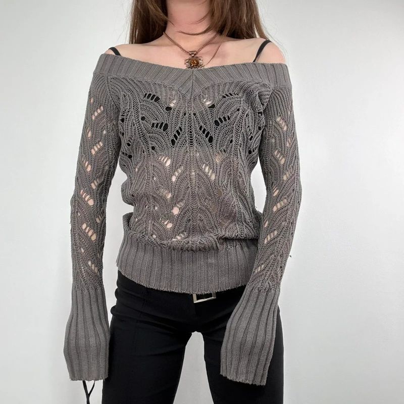 khaki lace knit off the shoulder slouchy jumper