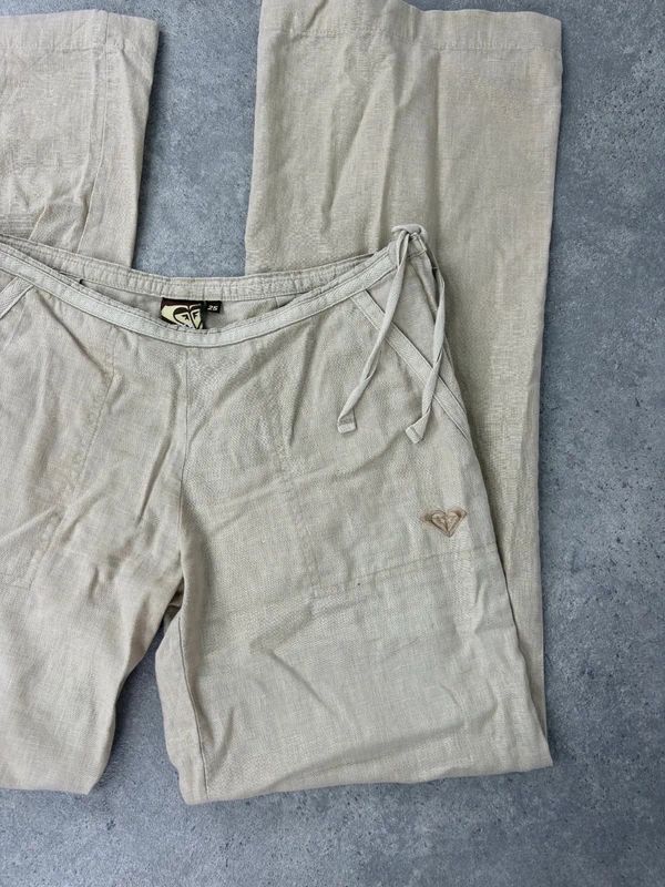 low rise tie waist linen flared trousers