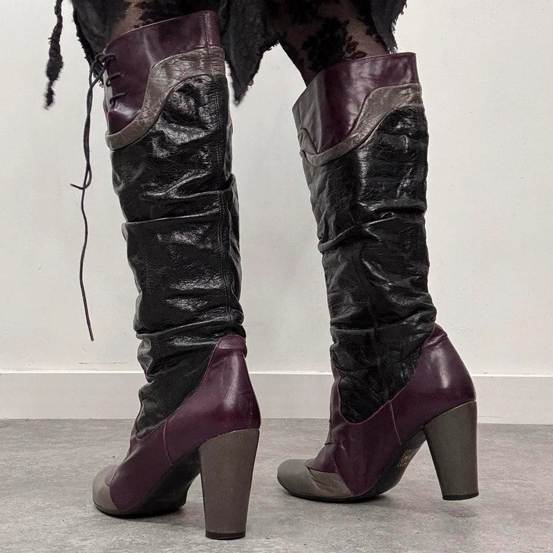 Grunge leather ruched heel boots
