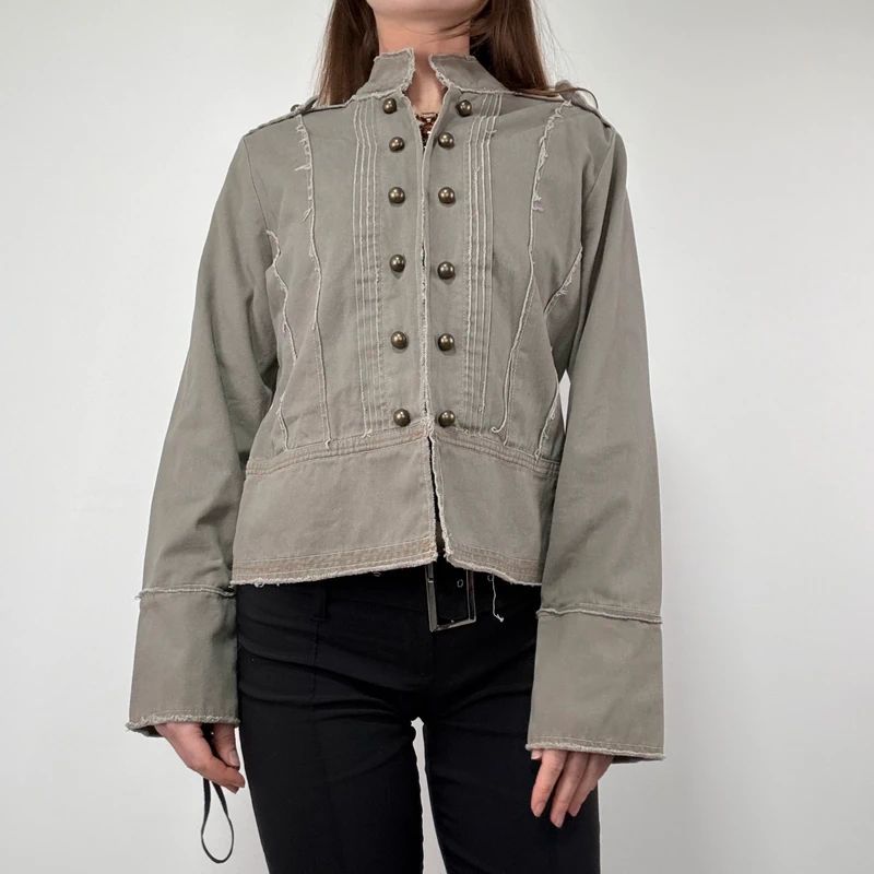 khaki military cotton utility jacket with hook and eyes