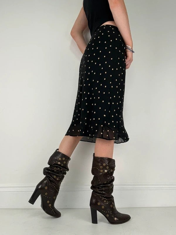 Black and white polkadot flutter midi skirt