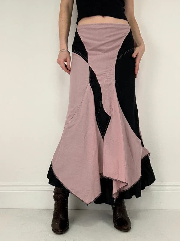 pink and navy gathered asymmetric flared maxi skirt