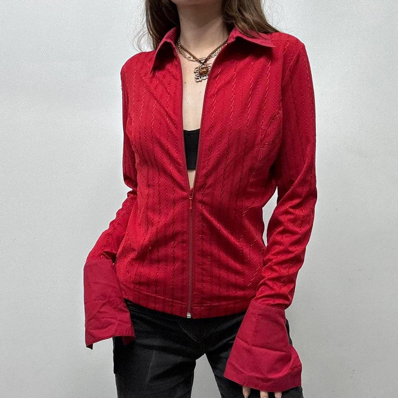 red zip up pinstripe flared shirt
