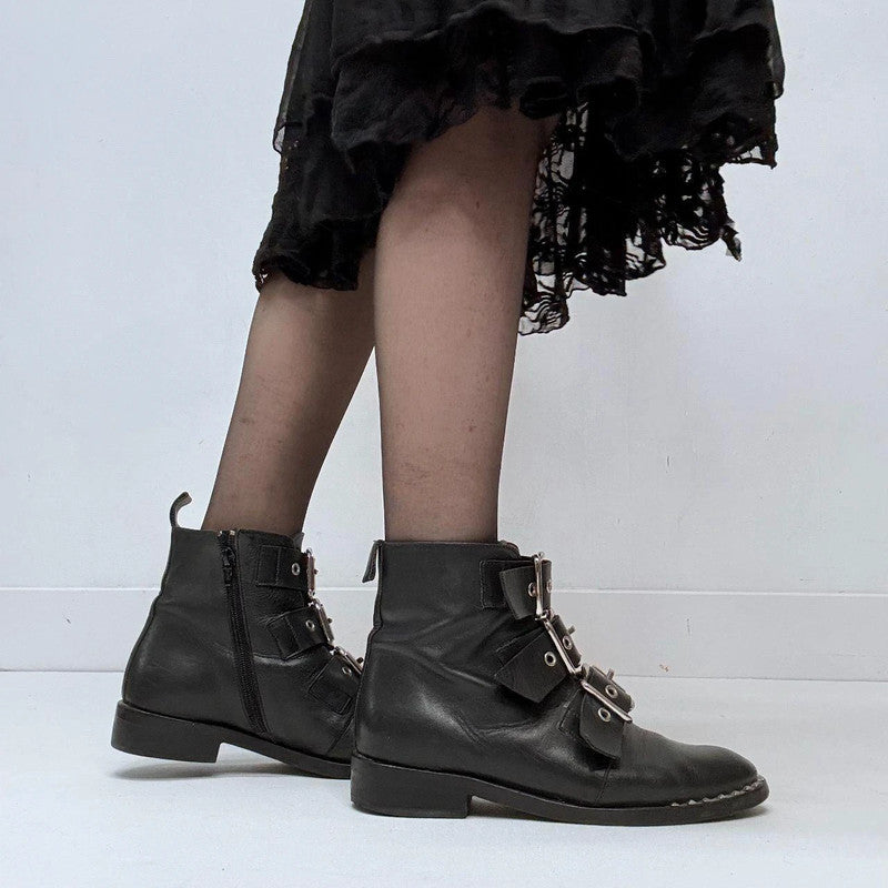 black leather studded buckle boots