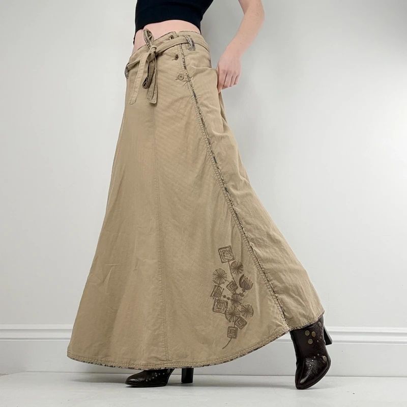 tan linen flared maxi skirt