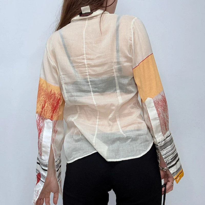 cream ruffle printed sheer shirt