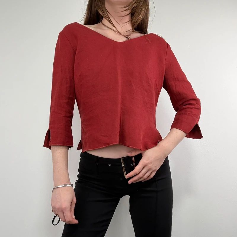 red linen flared fitted slit blouse top