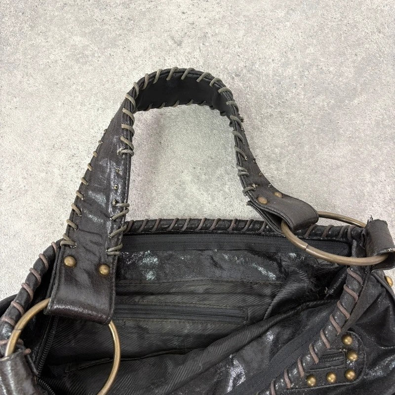 Black studded stitched slouchy shoulder bag