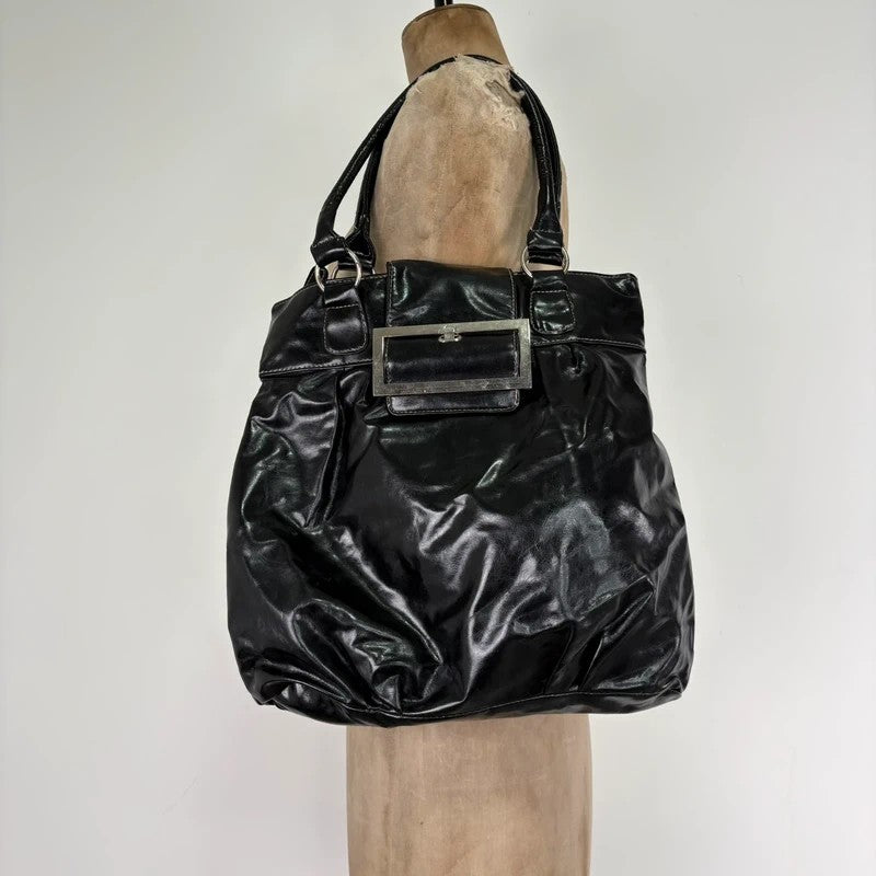 Faux leather patent black Y2K buckle bag
