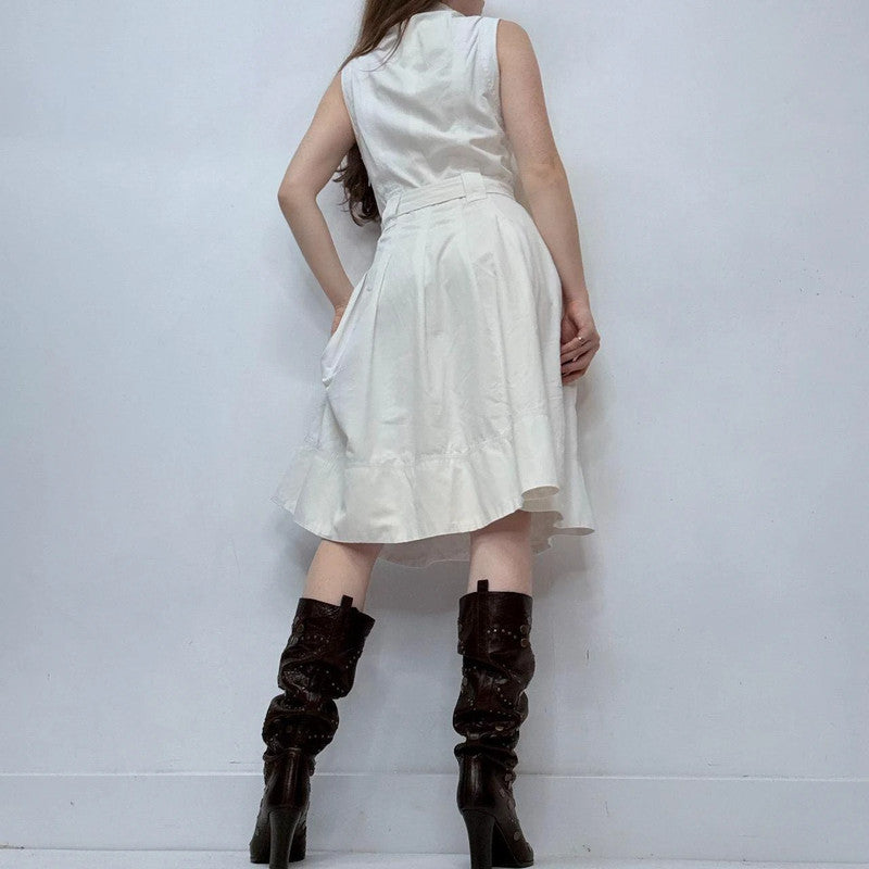 white flared button fitted midi dress