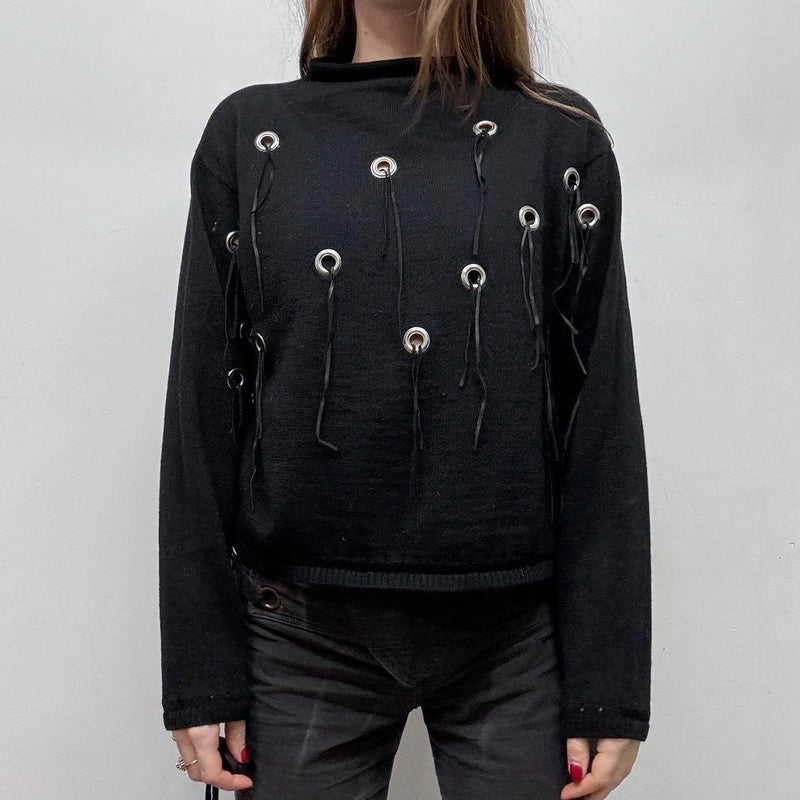 black knit eyelet studded jumper