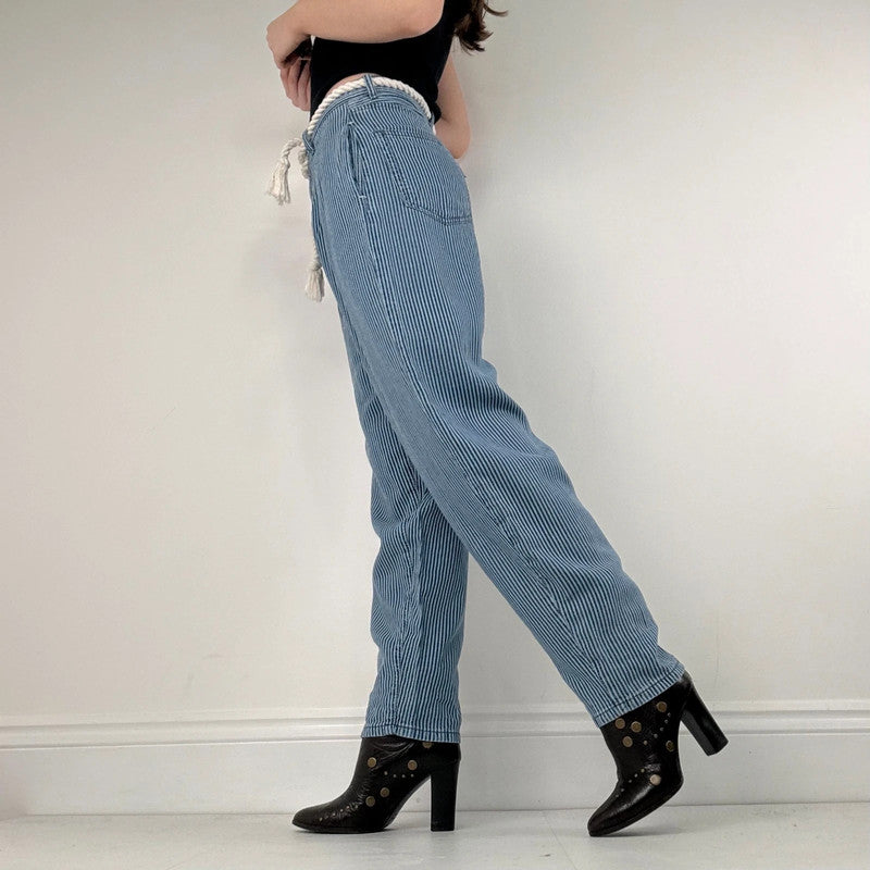pleated pinstripe barrel trousers