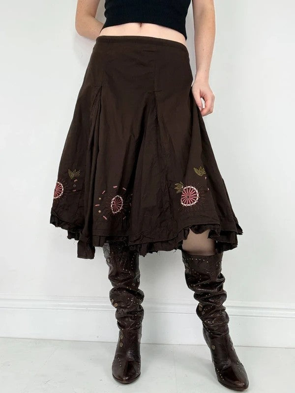 Brown cotton pleated flare boho floral skirt
