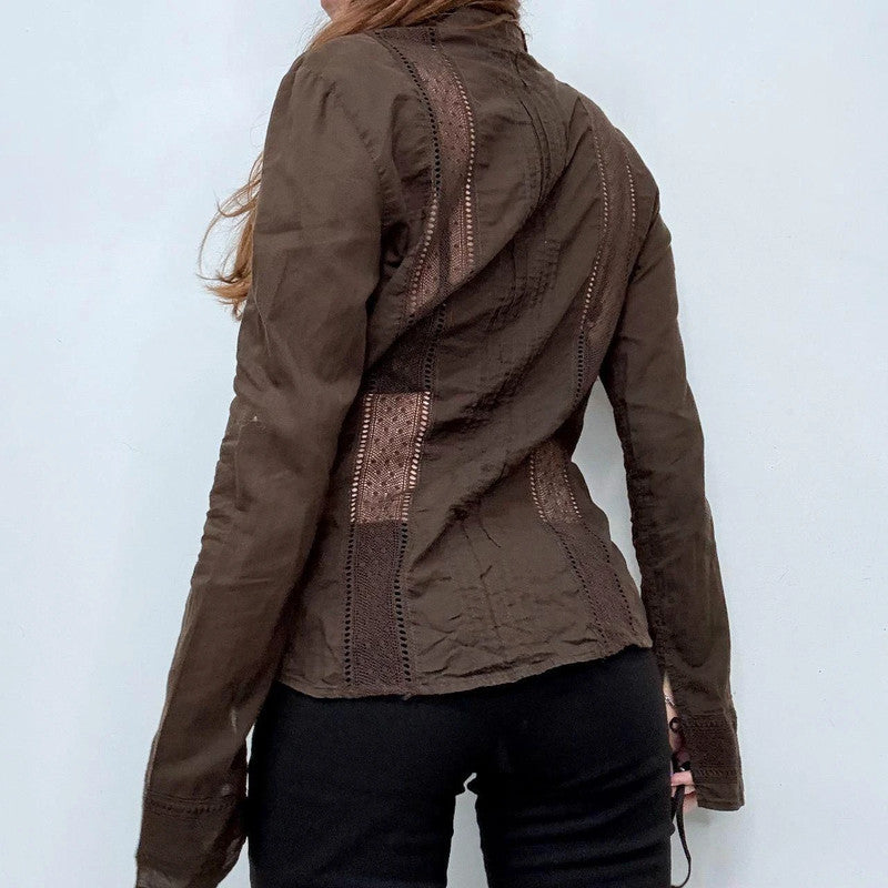 brown lace flared sheer shirt