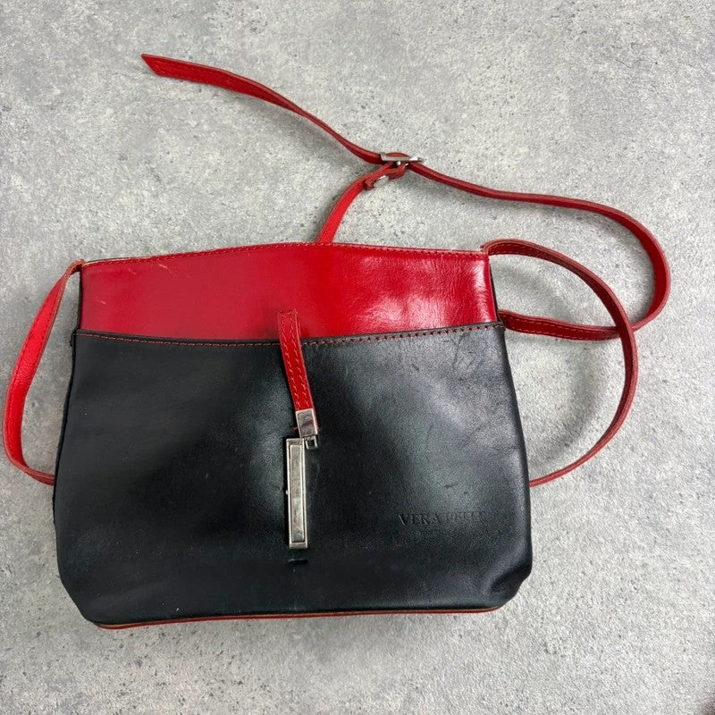 Black and red leather patient mini messenger bag