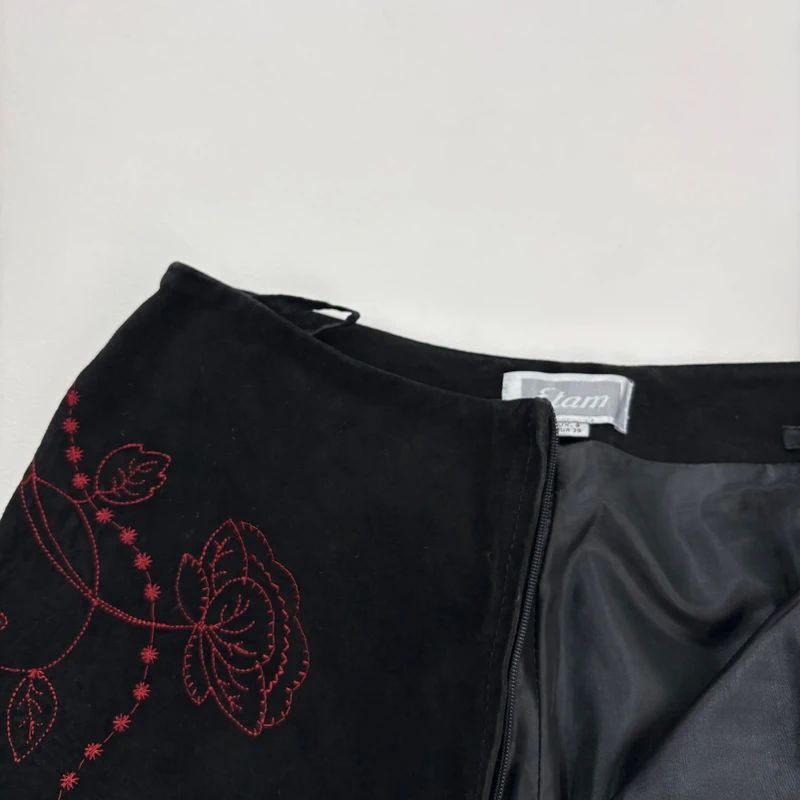 black suede embroidery flared trousers