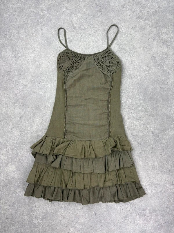 Khaki cotton ruffle lace mini dress