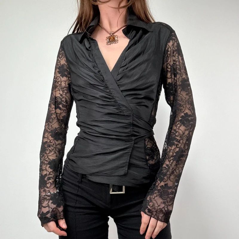 gathered black lace crinkle sheer wrap blouse
