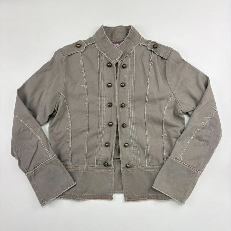khaki military cotton utility jacket with hook and eyes