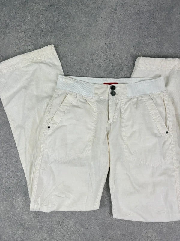 White low rise wide leg flared linen trousers