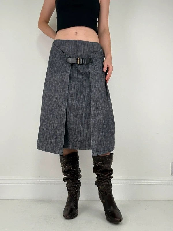 Pleated buckle front denim grunge midi skirt