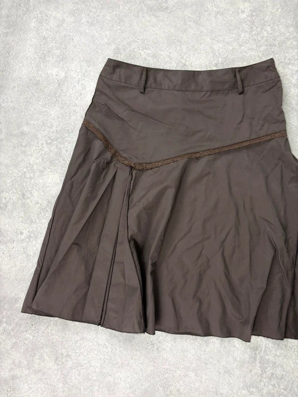 brown asymmetric waistband flared midi skirt