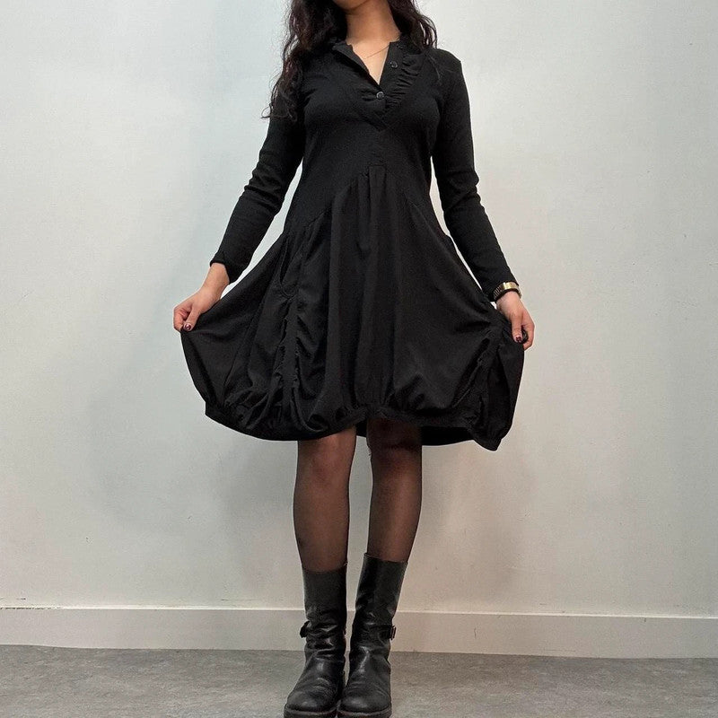 black gathered puff shirt dress
