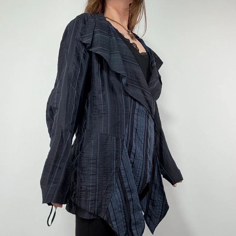 Navy Pinstripe Asymmetric Ruffle Jacket