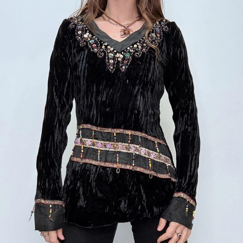 black crinkle velvet boho flare top