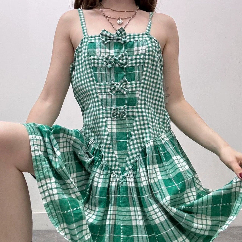 green gingham bow dress