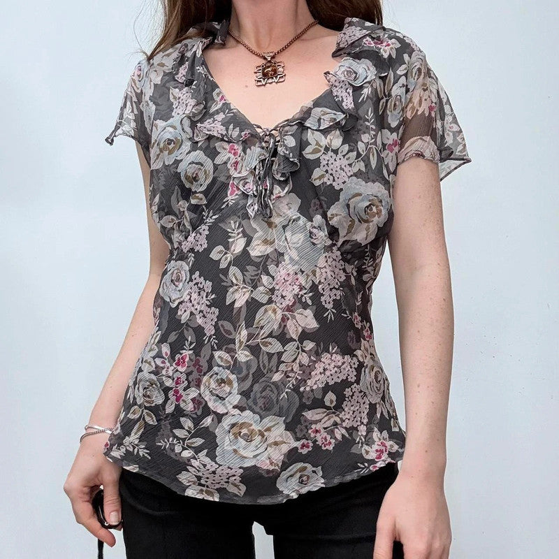 sheer floral flutter silk bias cut top