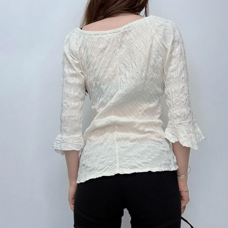 cream flared wide neck crinkle shirt