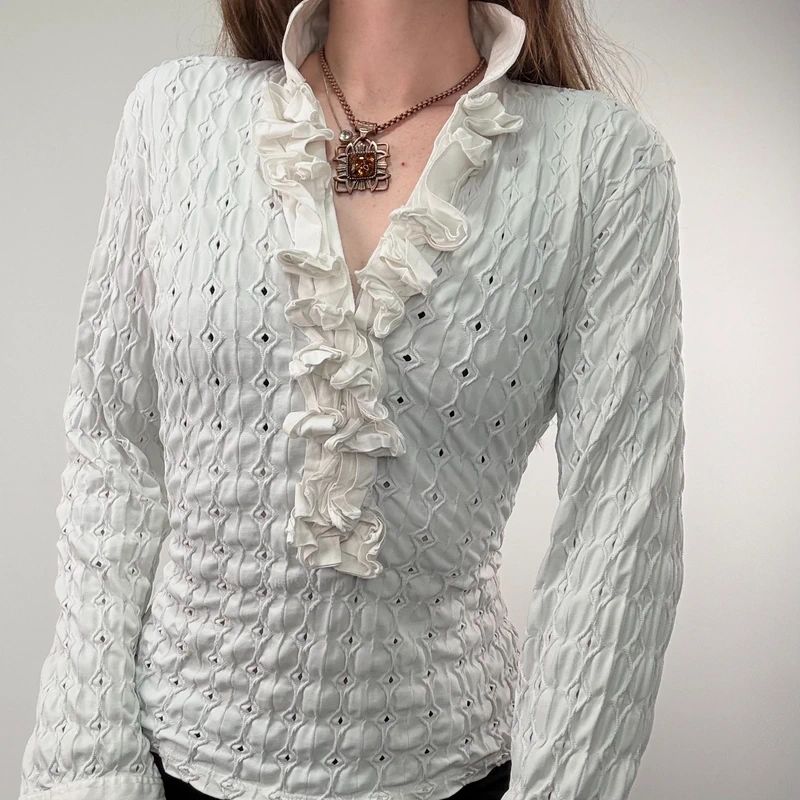 textured white fitted ruffle shirt